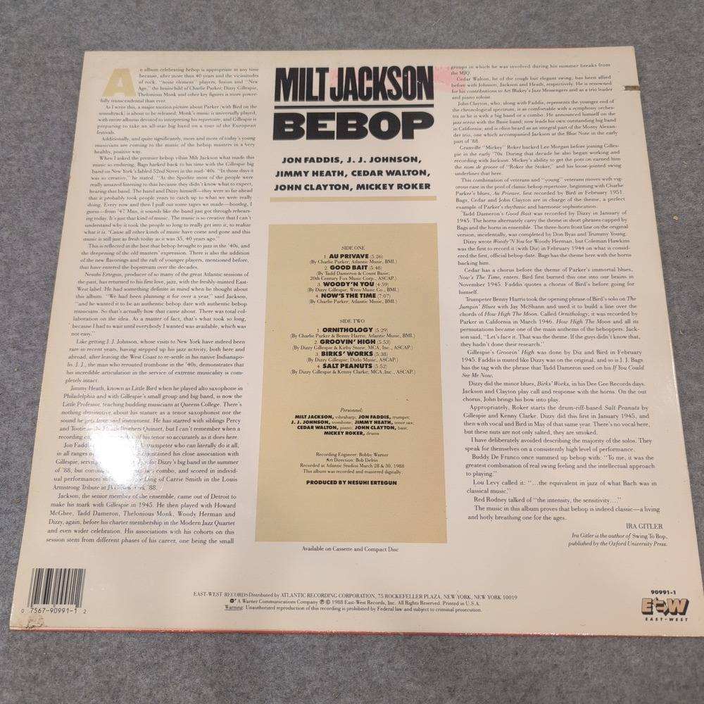 Milt Jackson Bebop Vinyl LP 1988 East-West Records 90991-1 Jazz Digital Recordin - Picture 2 of 6
